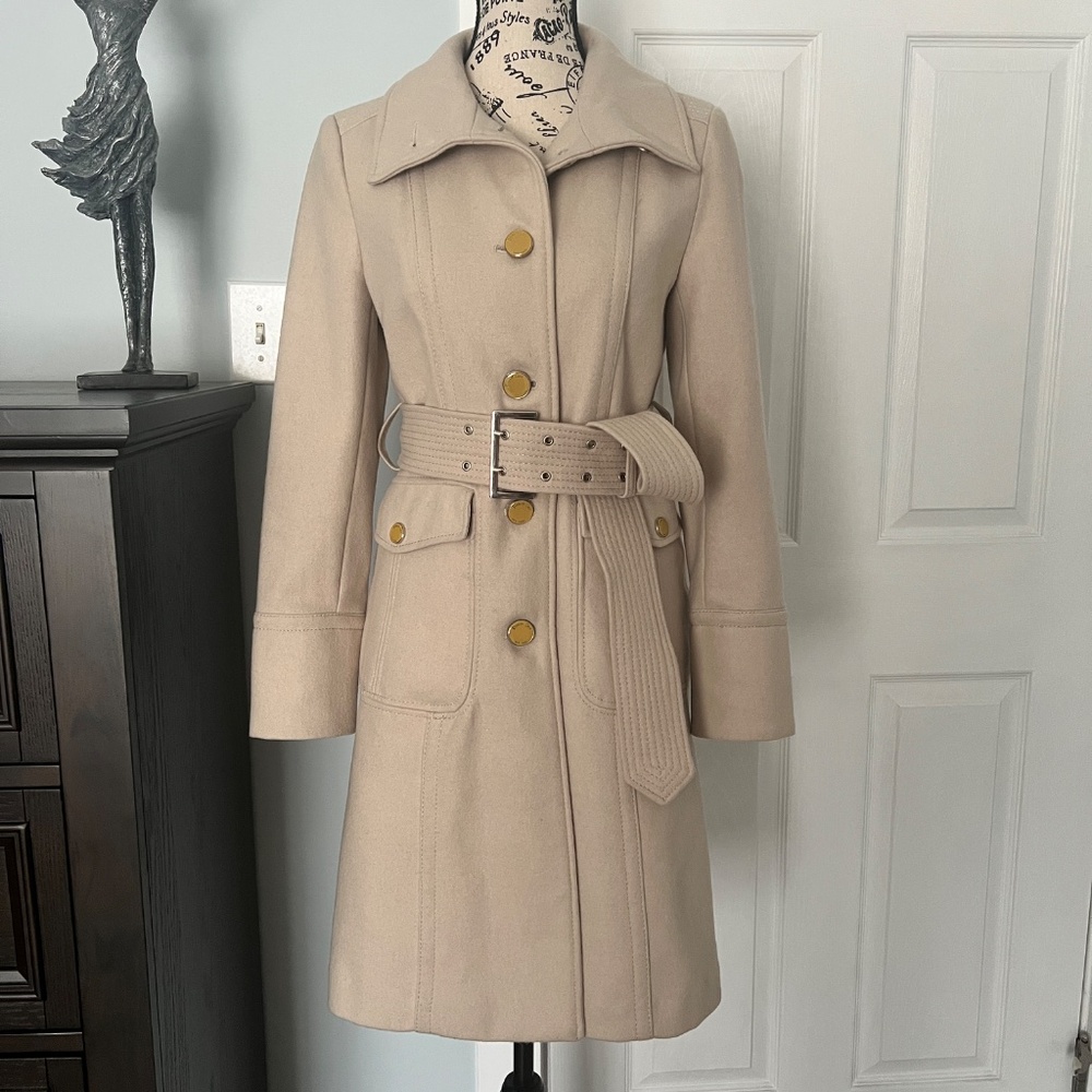 Kenneth Cole (New York) Ladies Cream Long Wool Blend Coat Jacket Size 2